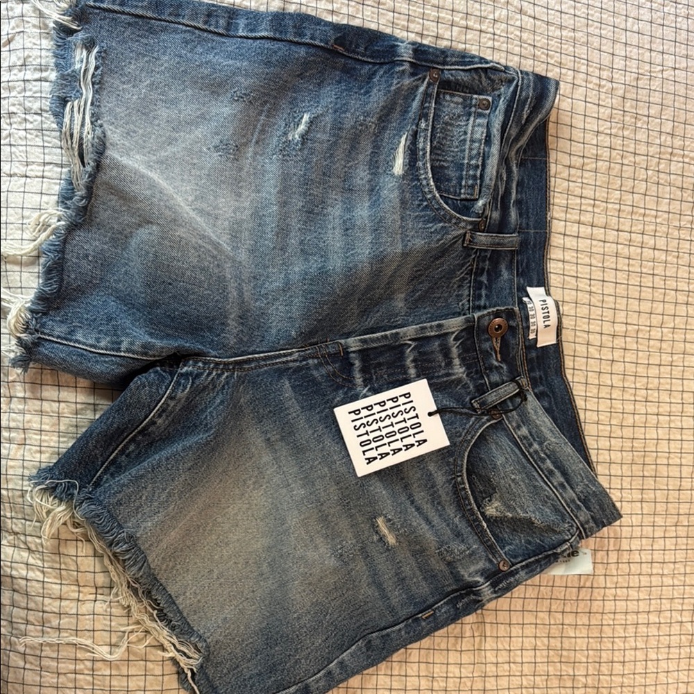 Pistola High Waist Distressed Denim Shorts - Blue